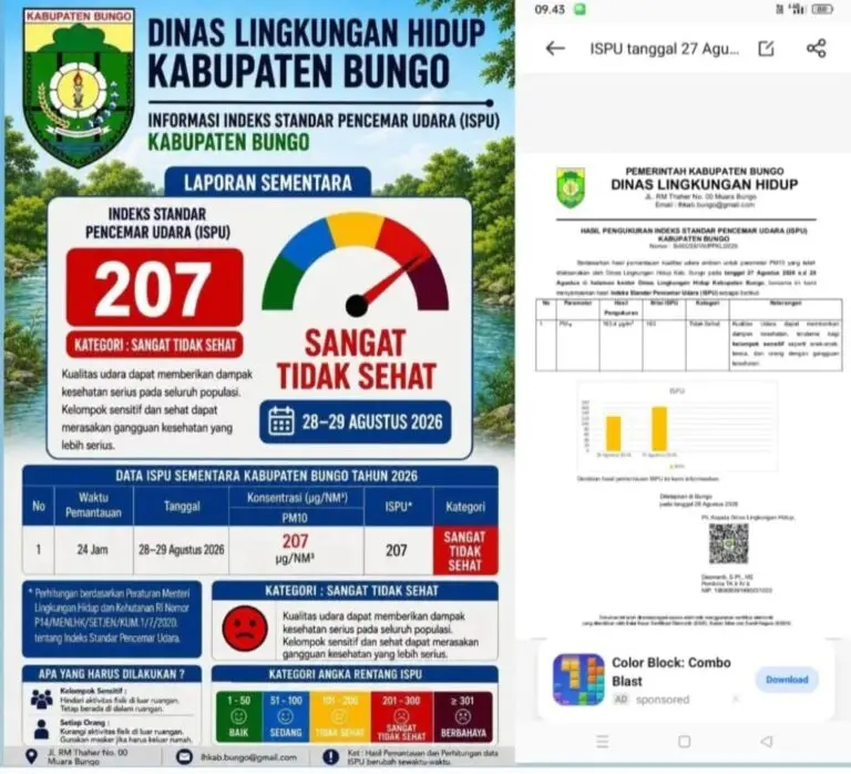PM10 Kabupaten Bungo Capai 127 µg/m³, Kualitas Udara Masuk Kategori Tidak Sehat